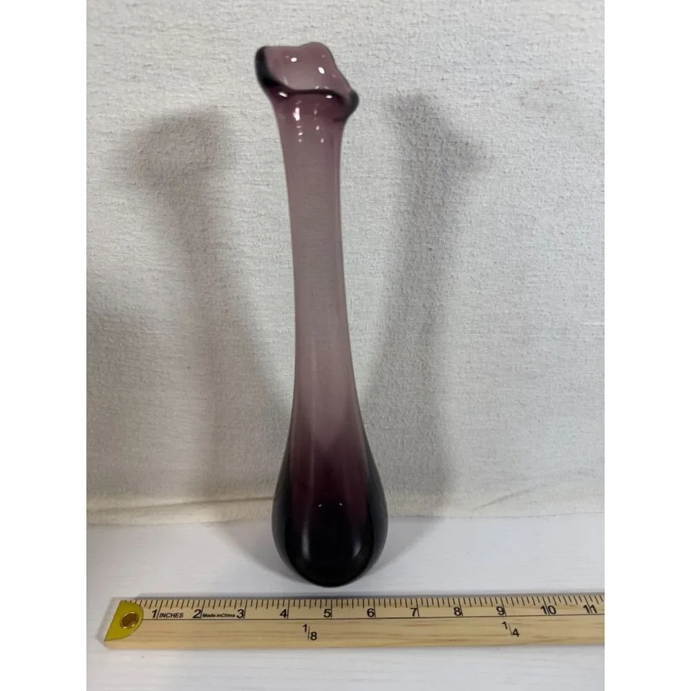 Vintage Hand Blown Amethyst Purple Glass Bud Vase Asymmetric Ruffled Rim 10.5